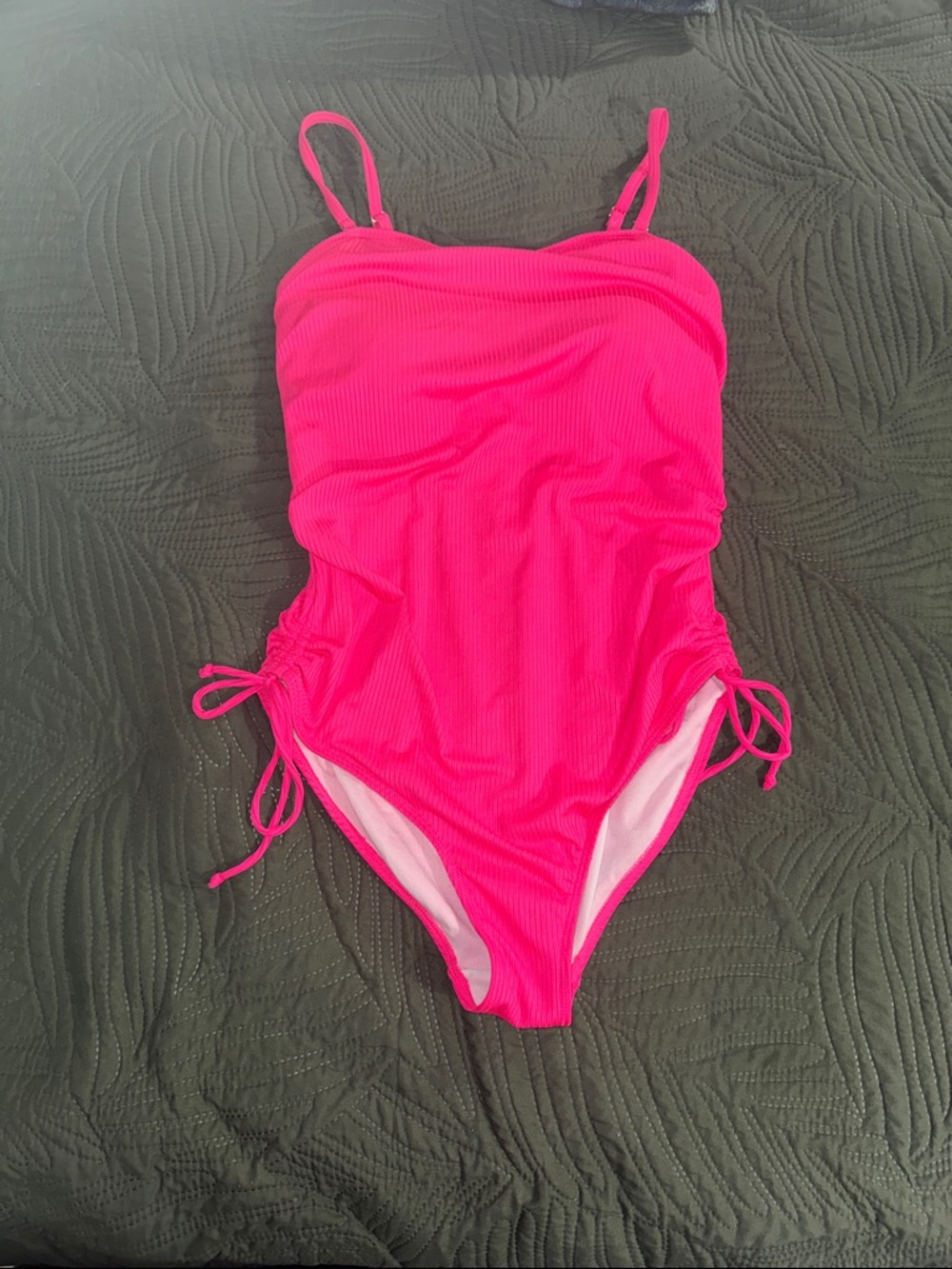 Neon Pink Ribbed One-Piece Swimsuit with Side Ruching